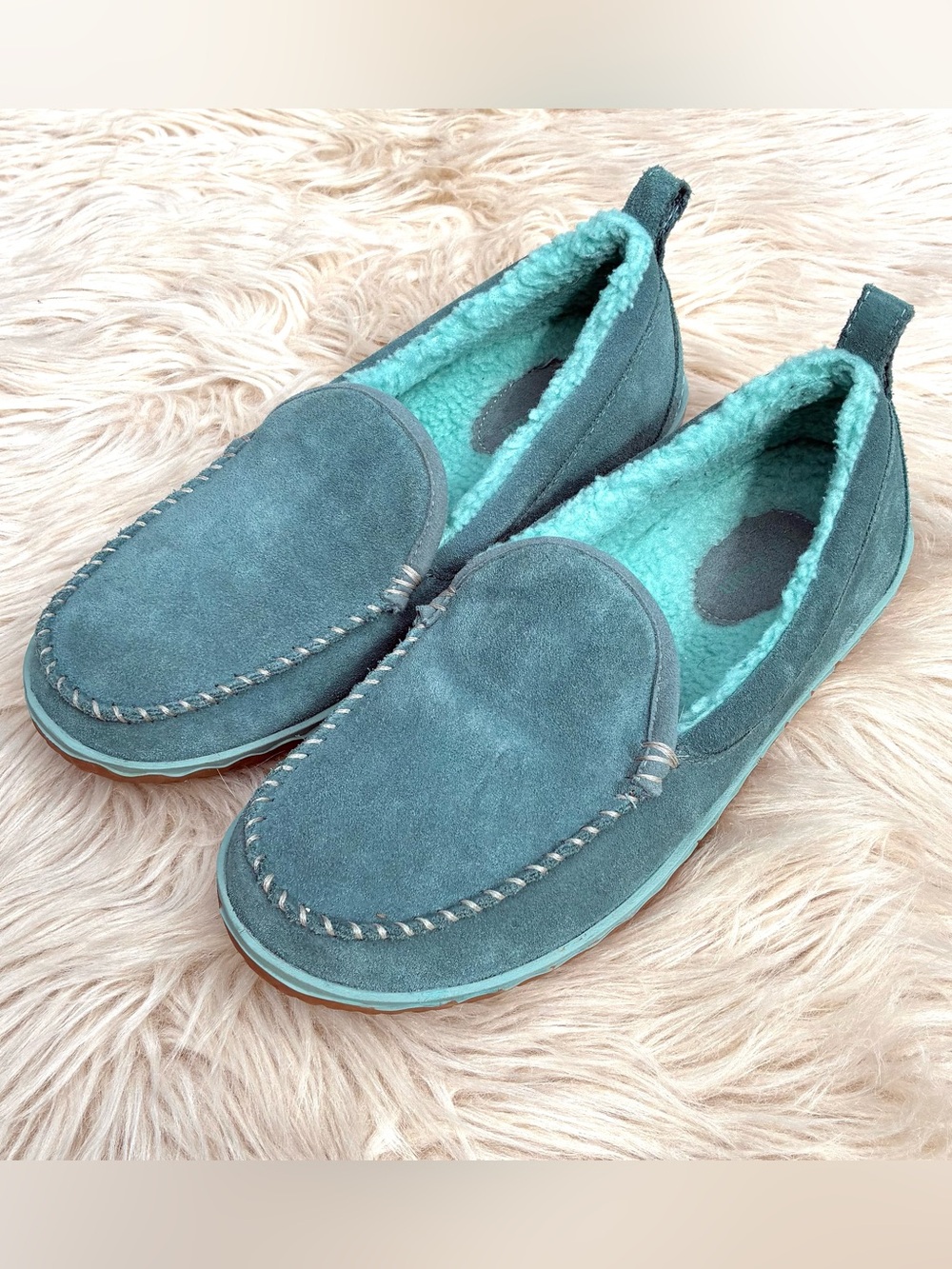 L.L. Bean Teal NWOT Teal Fleece Lined Hard Sole Slippers Women’s Sz 8